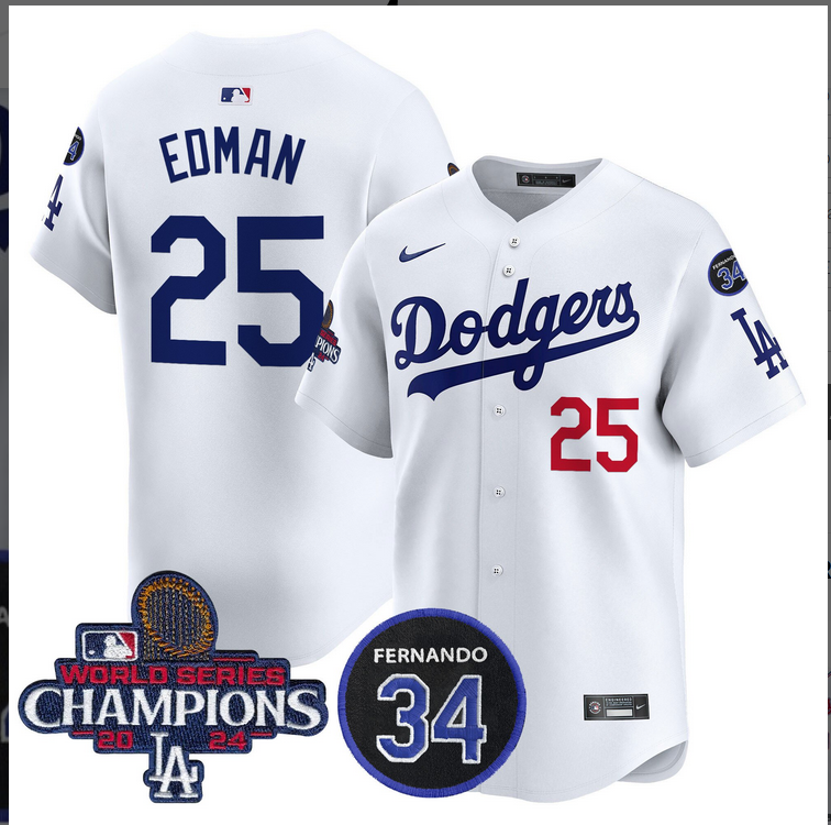 Men MLB Los Angeles Dodgers 25 Edman white 2024 World Series Champions Patch Limited Jersey